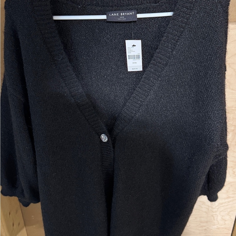 Lane Bryant Black V-Neck Button Cardigan with Decorative Button